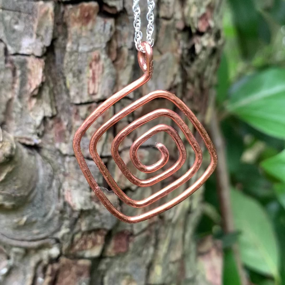 Rustic Hammered Copper Square Spiral Necklace