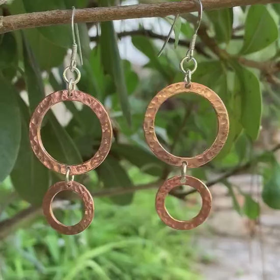 Hammered Two Hoop Copper Dangle Earrings