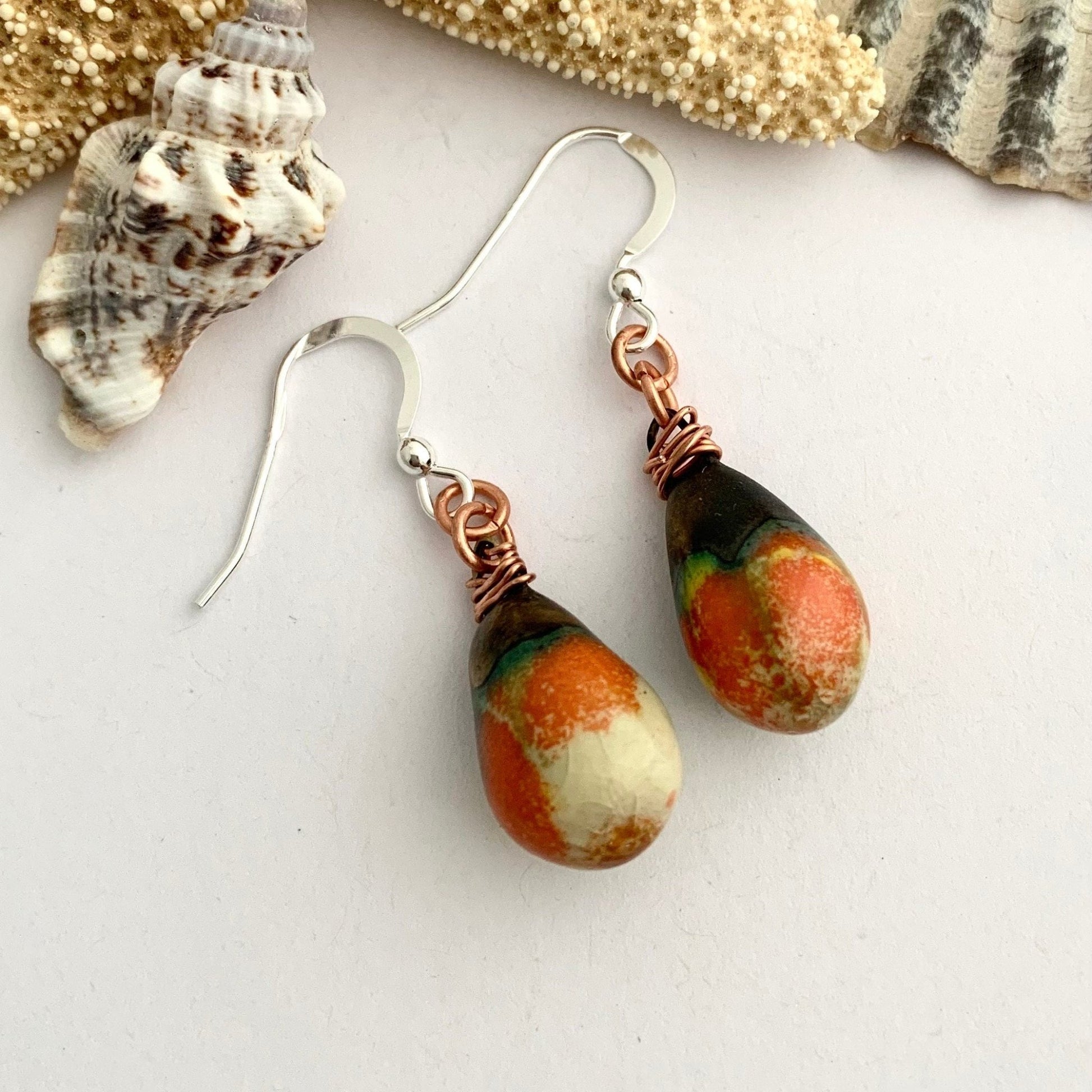 Orange Black Pottery Drop Teardrop Earrings