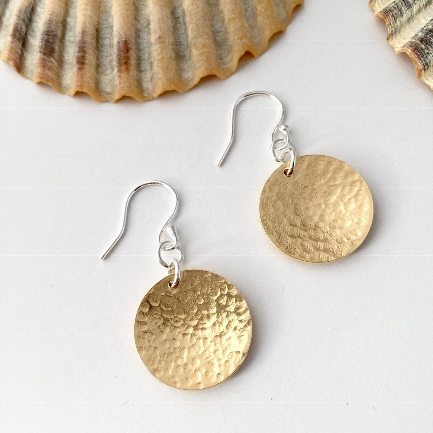 Ladies Hammered Brass Circle Disc Dangle Drop Earrings