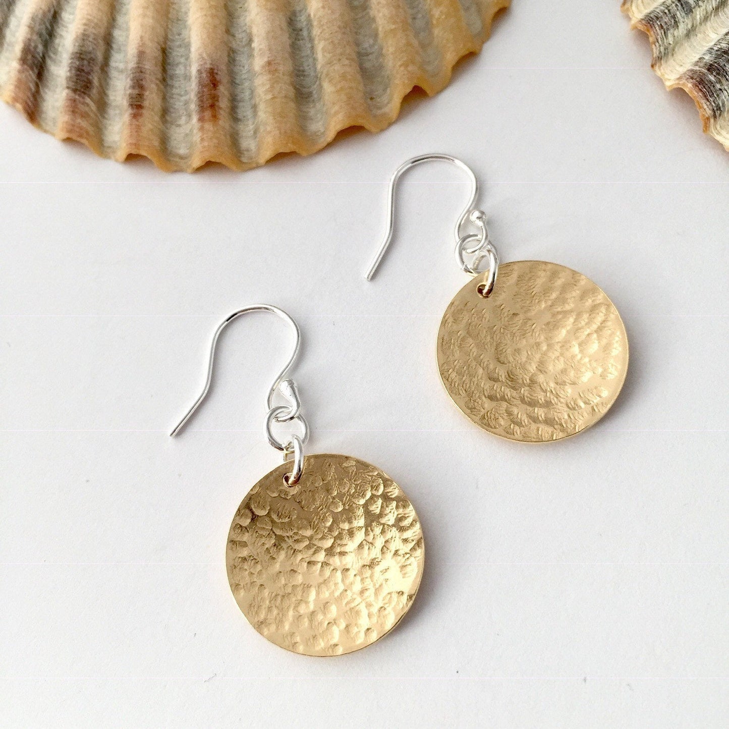 Ladies Hammered Brass Circle Disc Dangle Earrings